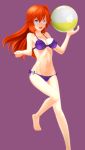  ano_natsu_de_matteru ball barefoot beachball bikini blue_eyes breasts glasses highres long_hair navel open_mouth purple_background purple_bikini red_hair redhead side-tie_bikini solo swimsuit takahirokun takatsuki_ichika 