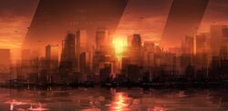  bad_id building city cityscape no_humans original scenery science_fiction seafg seafh skyscraper sun sunset water 