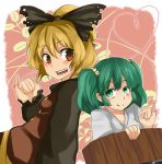  bifrst blonde_hair blush bow brown_eyes bucket green_eyes green_hair hair_bobbles hair_bow hair_ornament in_bucket in_container kisume kurodani_yamame long_sleeves multiple_girls open_mouth ponytail red_string short_hair smile string touhou twintails 