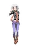  alternate_costume belt boots casual contemporary highres izayoi_sakuya jeans naodx pink_eyes ribbon scarf shirt short_hair silver_hair simple_background solo touhou white_background wrist_cuffs 