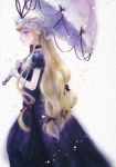  blonde_hair bow dress gloves hair_bow hat hat_ribbon highres long_hair petals purple_eyes ribbon simple_background solo takatora touhou umbrella violet_eyes yakumo_yukari 