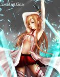  absurdres armpits arms_up asuna asuna_(sao) breasts brown_eyes brown_hair detached_sleeves highres long_hair navel open_clothes open_shirt skirt sword_art_online thigh-highs thighhighs title_drop white_legwear zhang_xiao_bo 