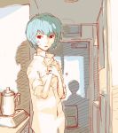  ayanami_rei blue_hair dress_shirt hands_on_own_chest kettle neon_genesis_evangelion open_mouth red_eyes shadow shirt short_hair silhouette sunset 