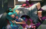  1girl artist_request breasts cake catwyz checkered cleavage cupcake food fork green_eyes green_hair hatsune_miku highres legs lipstick lying makeup source_request vocaloid world_is_mine_(vocaloid) 