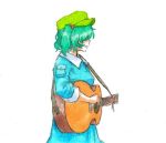  guitar hair_bobbles hair_ornaments hair_over_eyes hat instrument kawashiro_nitori shirodama sleeves_rolled_up smile solo touhou white_background 