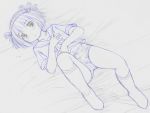  1girl blush hair_ribbon hairband kasuga_yukihito monochrome nell_(pangya) on_back on_bed pangya panties ribbon sailor_collar short_hair shota sketch socks solo traditional_media trap underwear 