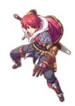  adol_christin armor boots coat falcom gloves jewelry male pants pendant purple_eyes quecho red_hair redhead smile solo sword violet_eyes weapon white_background ys ys:_celceta_no_jukai 
