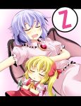  :d :o ascot bat_wings blonde_hair blush broom broom_riding chibi closed_eyes eyes_closed flandre_scarlet ichimi lavender_hair letterboxed lying minigirl multiple_girls no_hat no_headwear open_mouth remilia_scarlet short_hair siblings side_ponytail sisters sleeping smile touhou wings z 