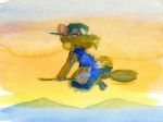 broom flying kirisame_marisa shirodama solo sunset touhou traditional_media watercolor_(medium) 