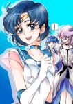  3girls aoki_reika bishoujo_senshi_sailor_moon blue_eyes blue_hair bow choker collarbone color_connection crossover cure_beauty cure_moonlight earrings elbow_gloves female gloves heartcatch_precure! hisakawa_aya jewelry long_hair magical_girl mizuno_ami multiple_girls open_mouth power_connection precure purple_hair rough sailor_mercury seiyuu_connection short_hair smile_precure! star tiara tima trait_connection tsukikage_yuri 