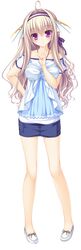  1girl absurdres ahoge bare_legs blouse brown_hair casual hair_intakes head_fins highres kujiragami_no_tearstilla long_hair miniskirt skirt tenkawa_mitsuki transparent_background violet_eyes 