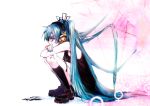  black_legwear blue_hair hatsune_miku headphones long_hair nail_polish profile socks solo squatting tears tima twintails venus_symbol very_long_hair vocaloid 