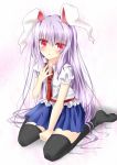  animal_ears bad_id black_legwear blush bunny_ears long_hair necktie open_mouth pink_hair puffy_sleeves rabbit_ears red_eyes reisen_udongein_inaba short_sleeves solo tetsu_tissue thigh-highs thighhighs touhou very_long_hair 