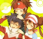  1girl 2boys black_hair brown_hair cheek_poke closed_eyes double_bun grin hue_(pokemon) jacket kyouhei_(pokemon) long_hair mei_(pokemon) multiple_boys pokemon pokemon_(game) pokemon_bw2 poking raglan_sleeves ribbon smile spiked_hair spiky_hair twintails visor_cap watch wristwatch zges 