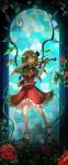  ascot bad_id blonde_hair crystal fang flandre_scarlet flower glowing glowing_eyes hat hat_ribbon highres instrument madcocoon puffy_sleeves red_eyes ribbon rose short_hair short_sleeves smile solo thorn touhou vines violin wings 