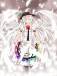  alternate_hair_color angel_wings blush bow feathers food fruit hat highres hinanawi_tenshi leaf long_hair mixarumixa peach puffy_sleeves red_eyes short_sleeves smile solo touhou very_long_hair white_hair white_wings wings 