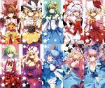  ascot black_hair blonde_hair bloomers blue_hair bow breasts cherry_blossoms cirno cleavage detached_sleeves embellished_costume flandre_scarlet green_hair hair_bow hair_ornament hair_tubes hakurei_reimu hands_on_hips hat japanese_clothes kazami_yuuka kirisame_marisa kochiya_sanae large_breasts lavender_hair long_hair looking_at_viewer multiple_girls no_hat no_headwear pink_hair plaid plaid_skirt red_eyes remilia_scarlet roh_nam_kyung saigyouji_yuyuko short_hair skirt star touhou vest wings yakumo_yukari yellow_eyes 