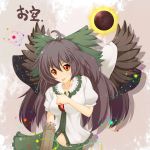  ahoge arm_cannon atom bird_wings bow brown_hair cape collarbone hair_bow kyou_(gary_moore) long_hair navel puffy_sleeves reiuji_utsuho short_sleeves solo sun third_eye tongue touhou weapon wings yellow_eyes 