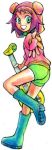 boots electric_guitar fingerless_gloves gloves green_eyes guitar hat hibiki_misora instrument lowres outstretched_hand purple_hair rockman ryuusei_no_rockman short_hair shorts smile wellingtons