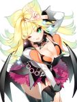  ;d aqua_eyes bat_wings black_legwear blonde_hair breasts character_request cherrypin cleavage junketsu_du_elion junketsu_duelion junketsu_duelion large_breasts long_hair looking_at_viewer nail_polish official_art open_mouth original simple_background skirt smile solo thigh-highs thighhighs v white_background wings wink zettai_ryouiki 
