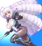  ahoge animal_ears big_hair bodysuit breasts cat_ears cosplay dog_days drill_hair fingerless_gloves fusion gloves kyoukai_senjou_no_horizon large_breasts leonmitchelli_galette_des_rois neito_mitotsudaira open_mouth pantyhose quad_tails silver_hair smile solo sword thigh-highs thighhighs ueyama_michirou weapon 