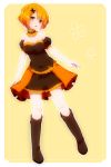  bare_shoulders boots breasts detached_collar full_body hair_ornament hair_over_one_eye highres looking_at_viewer open_mouth orange_eyes orange_hair original short_hair simple_background skirt takeshima_(nia) tears 