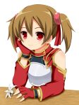  blush borubomu breastplate brown_hair chin_rest face fingerless_gloves flower gloves red_eyes short_hair short_twintails silica smile solo sword_art_online twintails 