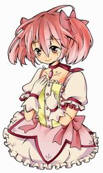  bubble_skirt choker gloves hair_ribbon highres kaname_madoka magical_girl mahou_shoujo_madoka_magica pink_eyes pink_hair ribbon shiropuni short_twintails simple_background smile solo tears twintails white_background 