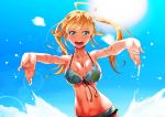  1girl ahoge bikini blonde_hair blush breasts cleavage floral_print front-tie_top green_eyes highres hoshii_miki idolmaster idolmaster_2 jpeg_artifacts large_breasts lens_flare long_hair looking_at_viewer navel open_mouth outstretched_arms shirihime smile solo swimsuit water wet 