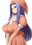  blue_hair breasts bust character_request erect_nipples grey_eyes hat highres huge_breasts light_smile long_hair namamo nightcap seiken_densetsu seiken_densetsu_2 simple_background solo very_long_hair white_background 