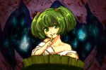  bare_shoulders bucket green_eyes green_hair hair_bobbles hair_ornament in_bucket in_container kisume kitayuki_kajika off_shoulder short_hair smile solo touhou twintails 
