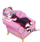  bow couch dress grey_hair hair_bow idolmaster idolmaster_cinderella_girls kanzaki_ranko kurokuro red_eyes short_hair sitting smile solo striped striped_legwear thigh-highs thighhighs twintails 