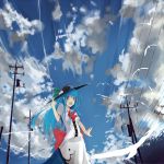  animal bird blue_hair bow cloud clouds food fruit hat highres hinanawi_tenshi leaf long_hair open_mouth peach red_eyes short_sleeves sky solo tetsuro tetsurou_(fe+) touhou 