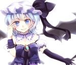  aliprojectlove alternate_costume alternate_eye_color bad_id bat_wings blue_eyes blue_hair bow breasts cleavage detached_sleeves fang hat hat_bow highres jewelry puffy_sleeves remilia_scarlet smile solo touhou white_background wings wrist_cuffs 