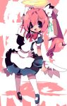  apron blue_eyes blush bow chiyu copyright_request dango_mushi grin hair_between_eyes halo long_hair maid mary_janes netrunmon open_mouth pigeon-toed pink_hair ribbon shoes silhouette smile tail thigh-highs thighhighs twintails white_legwear 