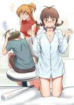  2girls akizuki_ritsuko akizuki_ryou antenna_hair bandages barefoot bed blush brown_eyes brown_hair chair dress_shirt fan grin harisen idolmaster idolmaster_dearly_stars inu_(aerodog) kneeling laughing long_hair male multiple_girls paper_fan sakurai_yumeko shirt short_hair side_ponytail sitting smile sweatdrop t-shirt 