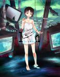  bekkourico binary bird black_hair broken cable character_name cloud clouds crow digital_dissolve dress expressionless hair_tie head_tilt highres iwakura_lain looking_at_viewer monitor mouth_hold payot serial_experiments_lain sundress telephone_pole 