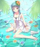  aqua_hair bare_shoulders barefoot blush bracelet brown_eyes dress feet flower hair_flower hair_ornament jewelry long_hair open_mouth open_shoes original partially_submerged sandals single_shoe sitting sleeveless sleeveless_dress solo touboku wariza water 