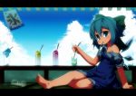  barefoot blue_hair bow cirno cup dress drink hair_bow koha kooribata letterboxed off_shoulder popsicle shaved_ice short_hair solo summer sweat touhou wet 