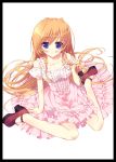  blonde_hair blue_eyes blush border collarbone copyright_request d_sword_of_legend dress frills highres long_hair looking_at_viewer mary_janes ribbon shoes simple_background sitting smile solo tsurusaki_takahiro wariza white_background 
