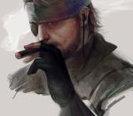  beard big_boss black_gloves blue_eyes brown_hair bust cigar cigarette earphones eyepatch facial_hair fingerless_gloves gloves headband male metal_gear metal_gear_solid mochimainosuke mustache short_hair simple_background smoke smoking solo 