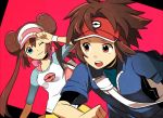  1girl ;) bag blue_eyes brown_eyes brown_hair double_bun jacket kyouhei_(pokemon) long_hair mei_(pokemon) pantyhose pokemon pokemon_(game) pokemon_bw2 raglan_sleeves red_background ribbon shoulder_bag twintails very_long_hair visor_cap wink zges 