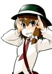  bow brown_eyes brown_hair grin hair_bow hat ok_sign short_hair smile solo touhou usami_renko wakie 