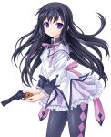  absurdres akawata akemi_homura black_hair capelet gun hairband handgun highres long_hair long_sleeves mahou_shoujo_madoka_magica pantyhose purple_eyes revolver smile solo transparent_background violet_eyes weapon 