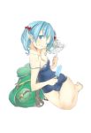  backpack bag blue_eyes blue_hair blush breasts cleavage collarbone fan fang hachisuto hair_bobbles hair_ornament kawashiro_nitori kirisame_marisa one-piece_swimsuit popsicle school_swimsuit solo strap_slip swimsuit touhou twintails 