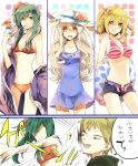  3girls bikini blonde_hair comic creator_connection green_hair hat kagerou_project kano_(kagerou_project) kido_(kagerou_project) kisaragi_attention_(vocaloid) kisaragi_momo long_hair mary_(kagerou_project) mekakushi_code_(vocaloid) multiple_girls navel orange_eyes short_hair silver_hair slapping smile souzou_forest_(vocaloid) swimsuit translated vocaloid wonoco0916 