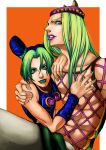  1boy 1girl black_hair blackzizi blue_hair double_bun fishnets green_eyes green_hair hat highres jojo_no_kimyou_na_bouken kuujou_jolyne lipstick long_hair makeup multicolored_hair nail_polish narciso_anasui two-tone_hair 