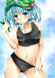  blue_eyes blue_hair blush collarbone contrapposto cucumber hair_bobbles hair_ornament hat kawashiro_nitori kurenai_iroha navel short_hair sleeveless solo touhou twintails 