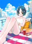  artist_name bag bare_shoulders barefoot bird black_hair building cloud clouds green_eyes koin_(foxmark) one-piece_swimsuit original short_hair signature sitting sky solo swimsuit water white_swimsuit 