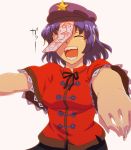  blue_hair chinese_clothes closed_eyes eyes_closed hat miyako_yoshika ofuda open_mouth outstretched_arms shinburu short_hair short_sleeves solo star touhou white_background wide_sleeves zombie_pose 